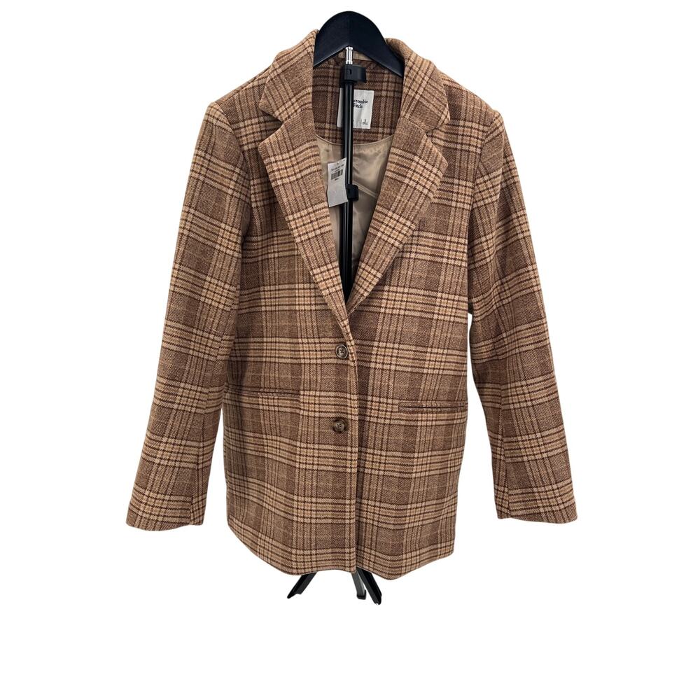 NWT Abercrombie & Fitch Brown Plaid Wool Blend Blazer Jacket Size Small